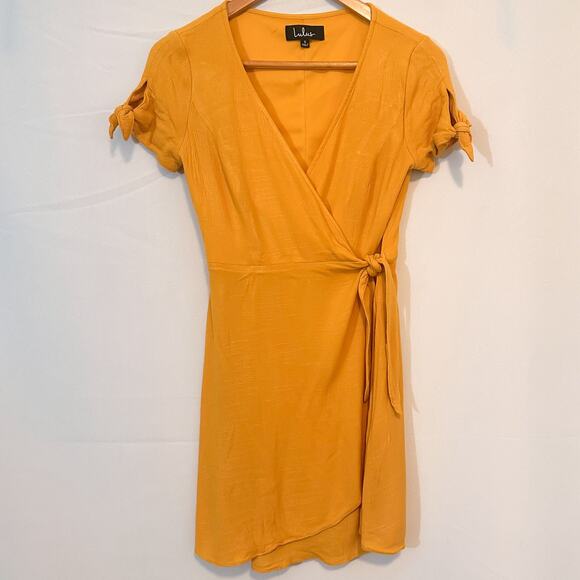 3 FOR $50! 🎁 LULUs My Philosophy Golden Yellow Wrap Mini Dress Sz. S - Picture 3 of 7